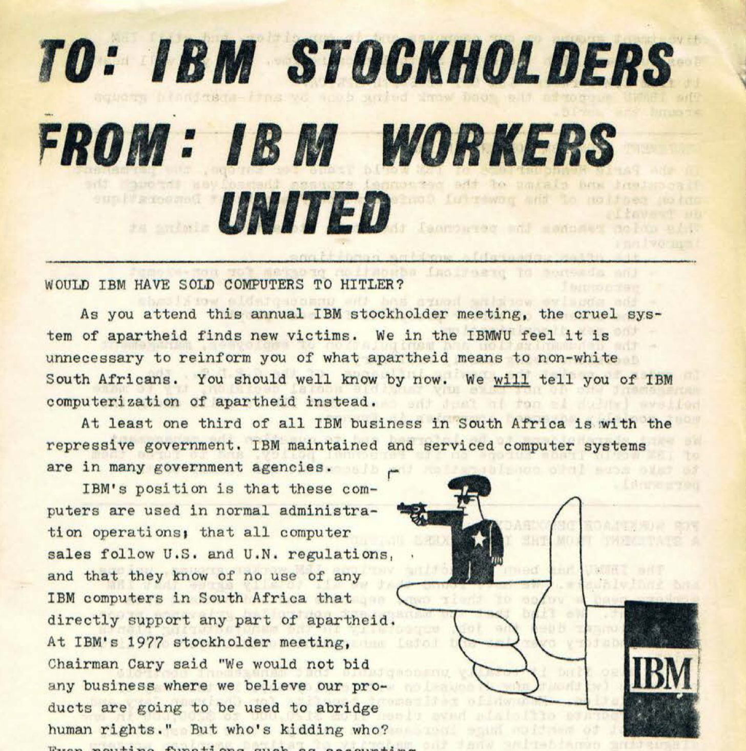 Scanned leaflet with the headings TO: IBM STOCCKHOLDERS, FROM: IBM WORKERS UNITED, WOULD IBM HAVE SOLD COMPUTERS TO HITLER?
